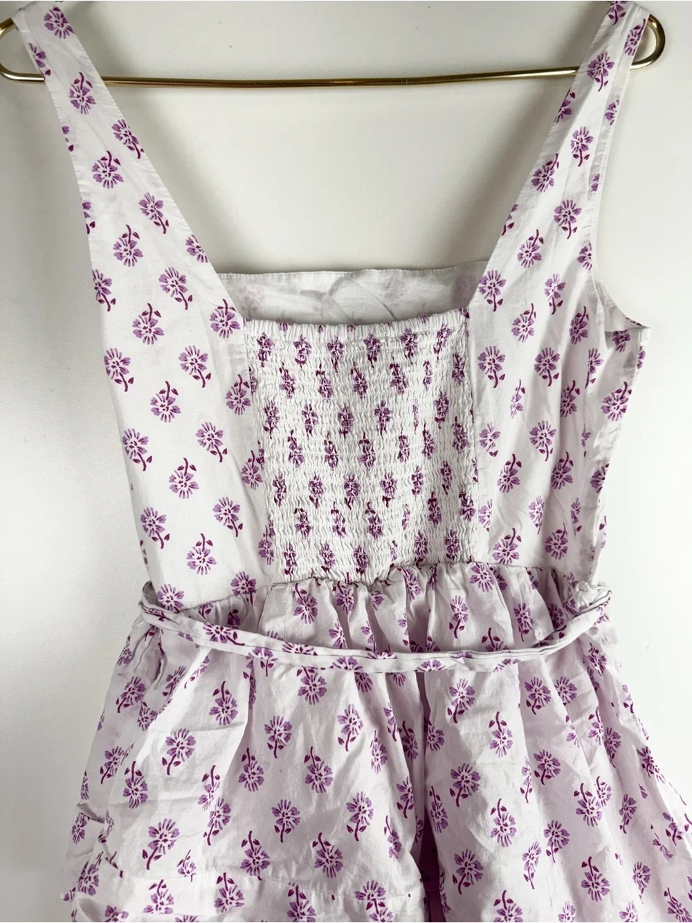 J.Crew Boho White Purple Floral Cotton Tiered Ruffle Mini Dress Tie Waist